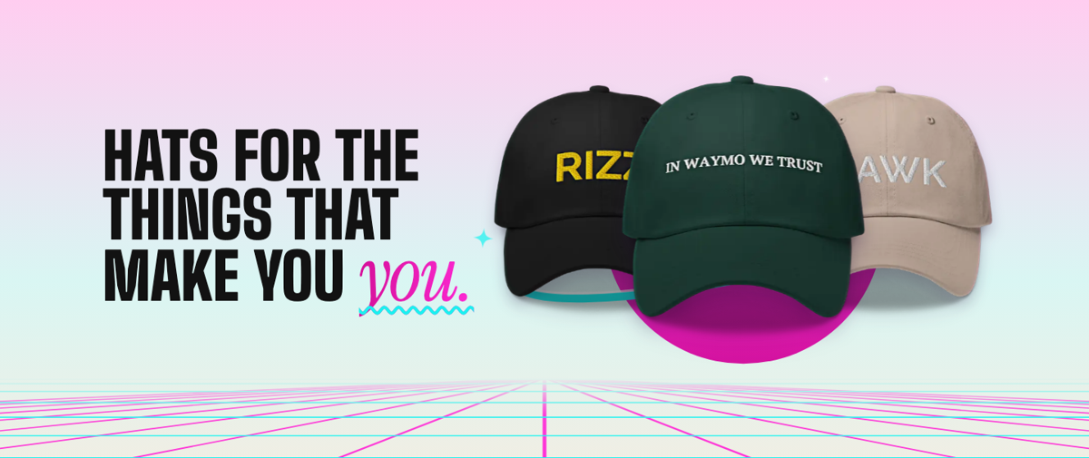 NicheMerch homepage hero: Hats for the things that make you you, with three embroidered hats on a pink and cyan synthwave grid